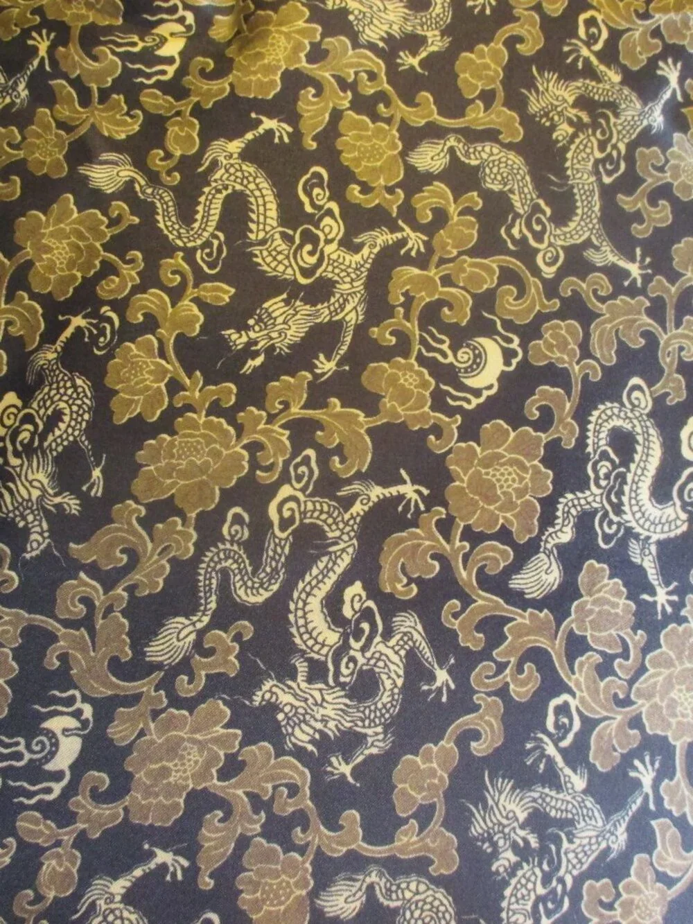 VINTAGE CHINESE BROCADE/DRAGON&FLOWERS/BLACK&GOLD/NOS